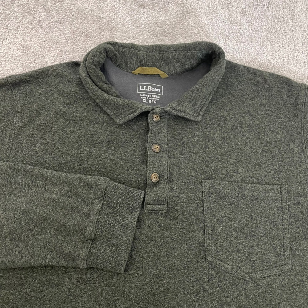 LL Bean Polo Mens XL Slightly Fitted Double Knit Washed Cotton Long Sleeve Green